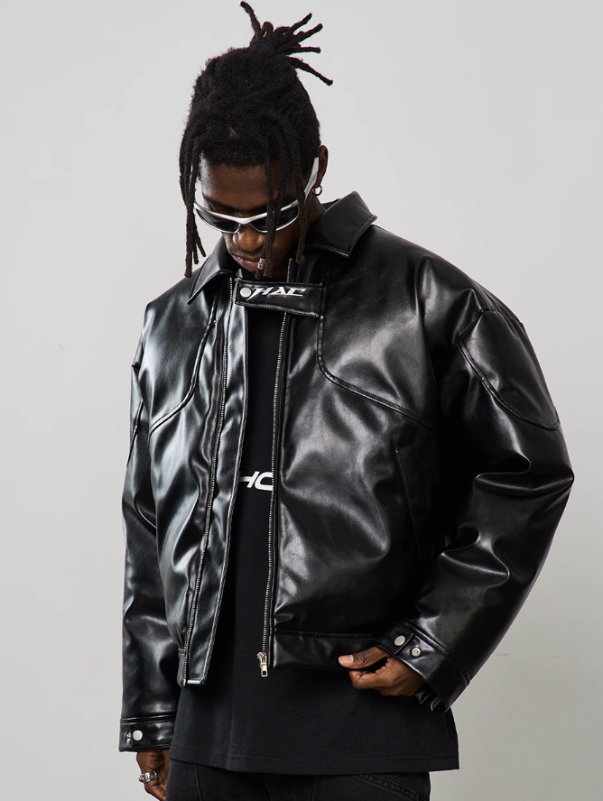 Harsh and Cruel Embroidered Logo Leather Motor Jacket