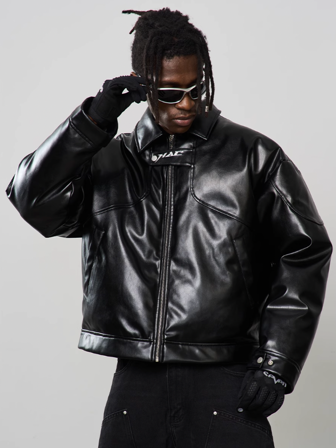 Harsh and Cruel Embroidered Logo Leather Motor Jacket