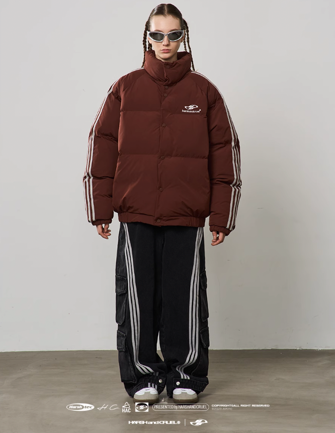 Harsh and Cruel Striped Sleeves Embroidered Logo Down Jacket