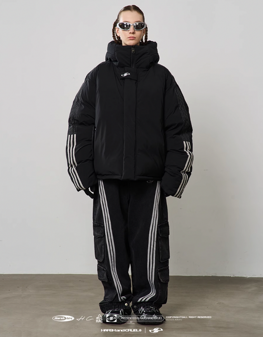 Harsh and Cruel Stand Up Collar Striped Hooded Down Jacket