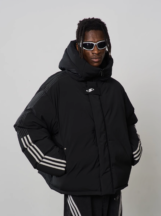 Harsh and Cruel Stand Up Collar Striped Hooded Down Jacket