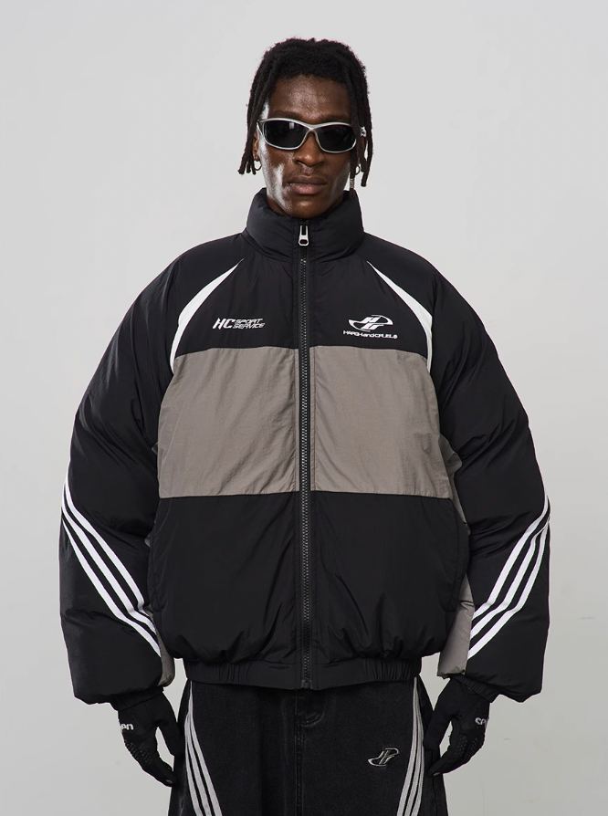 Harsh and Cruel Contrast Irregular Embroidered Logo Down Jacket