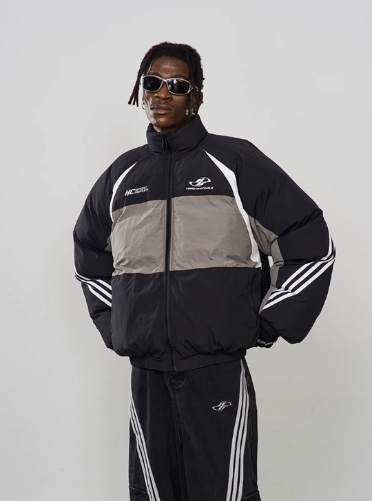 Harsh and Cruel Contrast Irregular Embroidered Logo Down Jacket