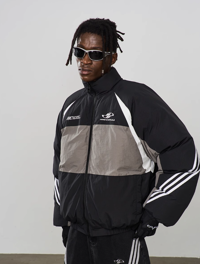 Harsh and Cruel Contrast Irregular Embroidered Logo Down Jacket