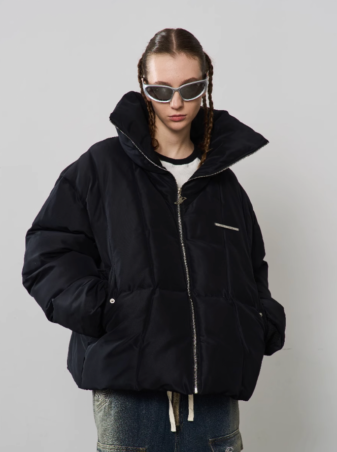 Harsh and Cruel Stand up Collar Metal Logo Down Jacket