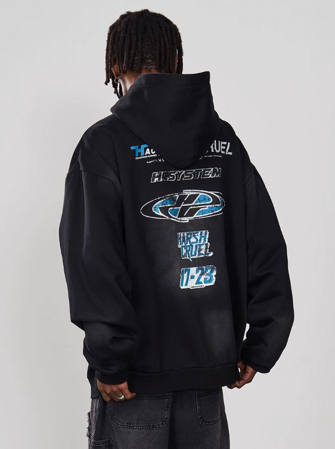 Harsh and Cruel Multi Logo Washed Printed Hoodie