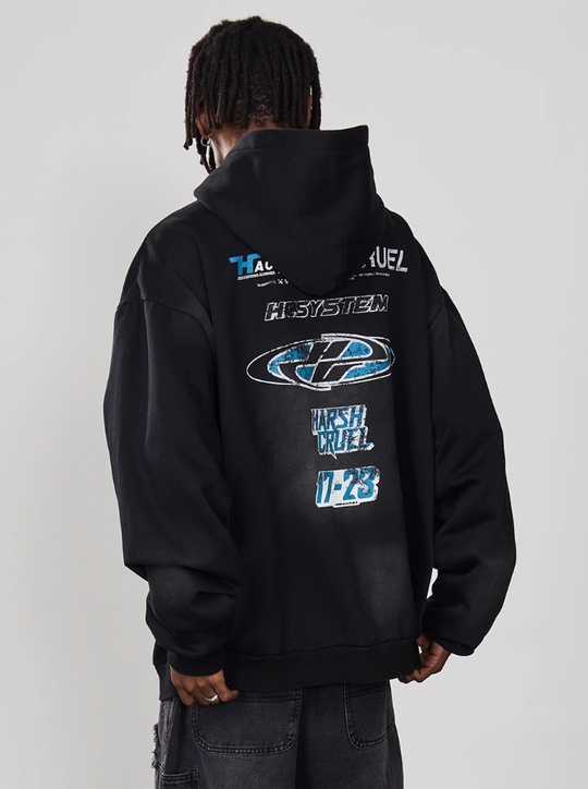 Harsh and Cruel Multi Logo Washed Printed Hoodie