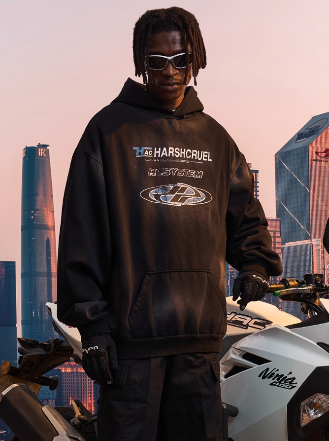 Harsh and Cruel Multi Logo Washed Printed Hoodie