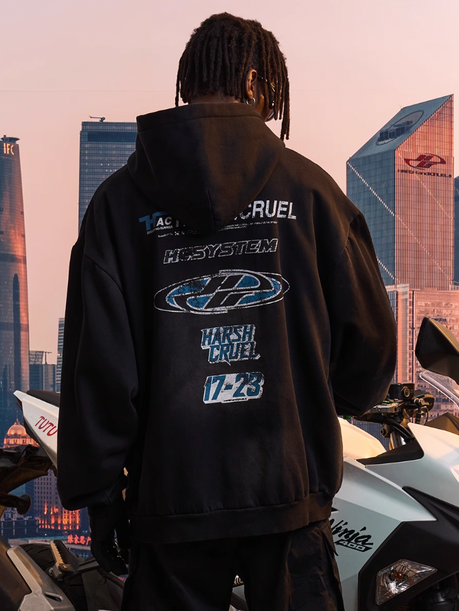 Harsh and Cruel Multi Logo Washed Printed Hoodie