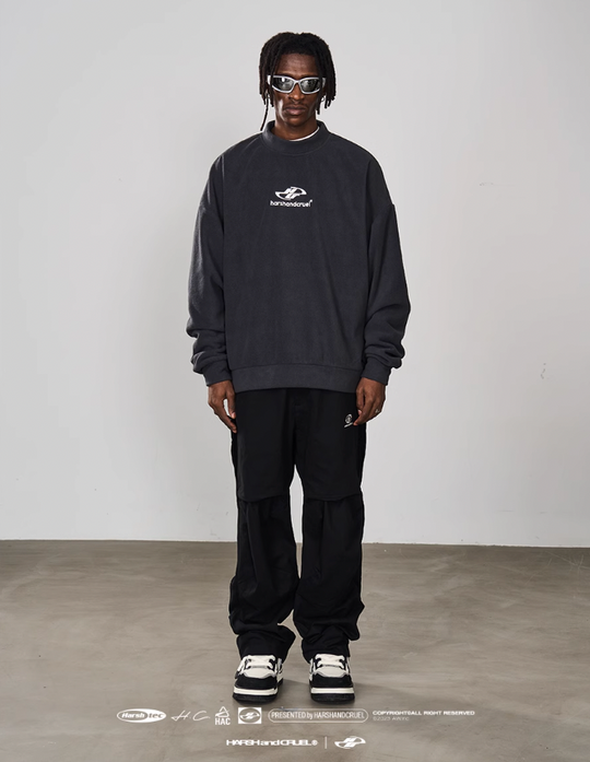 Harsh and Cruel Embroidered Logo Fleece Round Neck Sweater