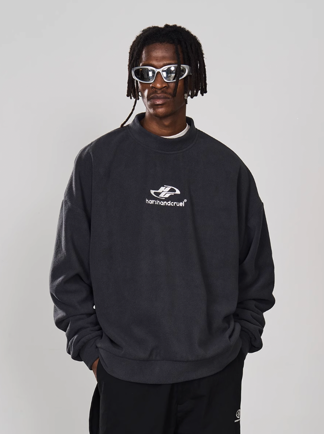 Harsh and Cruel Embroidered Logo Fleece Round Neck Sweater