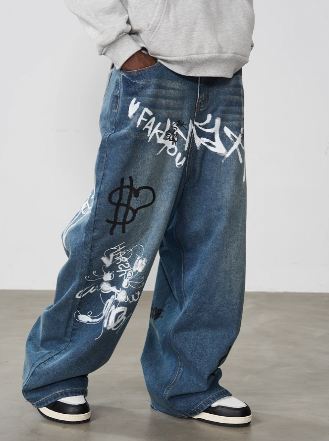 Harsh and Cruel Spray Painted Baggy Denim