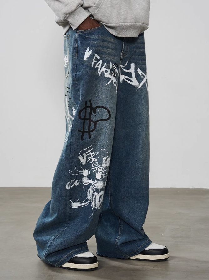 Harsh and Cruel Spray Painted Baggy Denim
