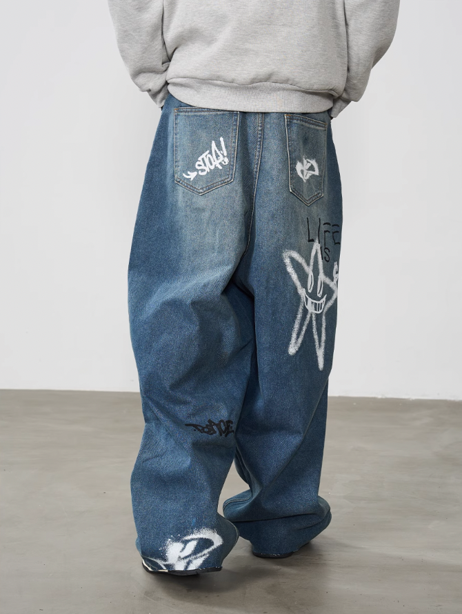 Harsh and Cruel Spray Painted Baggy Denim