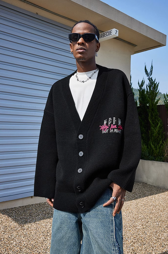 MEDM V Neck Embroidered Knit Cardigan