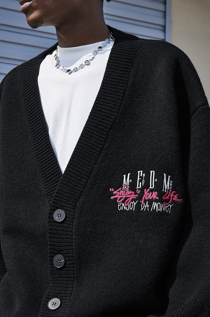 MEDM V Neck Embroidered Knit Cardigan