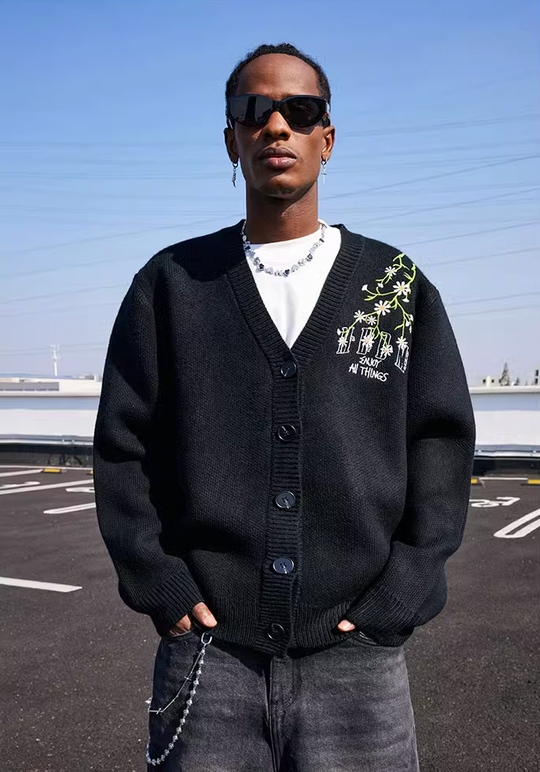 MEDM Flower Logo Embroidered Knit Cardigan
