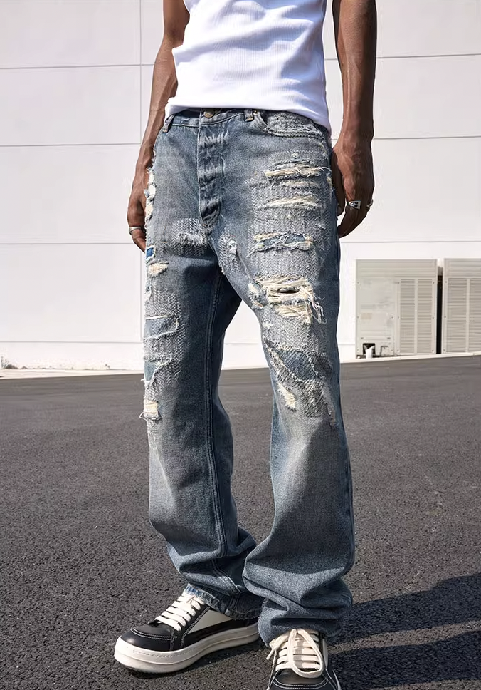 MEDM Engineering Patches Hole Denim Jeans