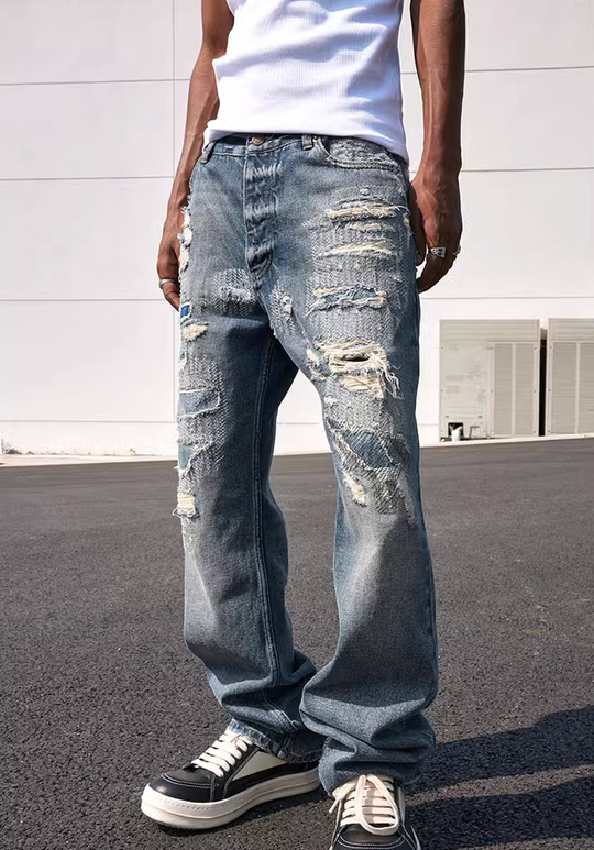 MEDM Engineering Patches Hole Denim Jeans