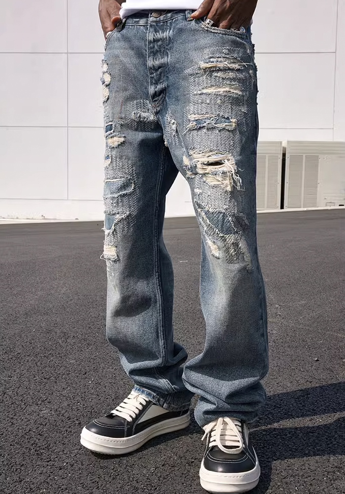 MEDM Engineering Patches Hole Denim Jeans
