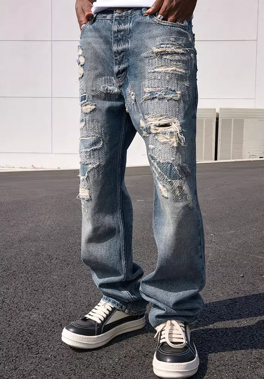 MEDM Engineering Patches Hole Denim Jeans