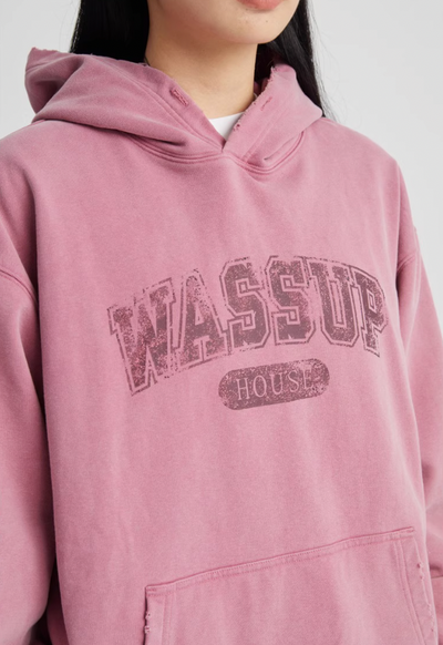 Wassup House Destruction Print Washed Hoodie