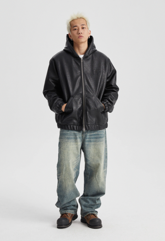 Wassup House Leather Quilted Zipper Hoodie Jacket