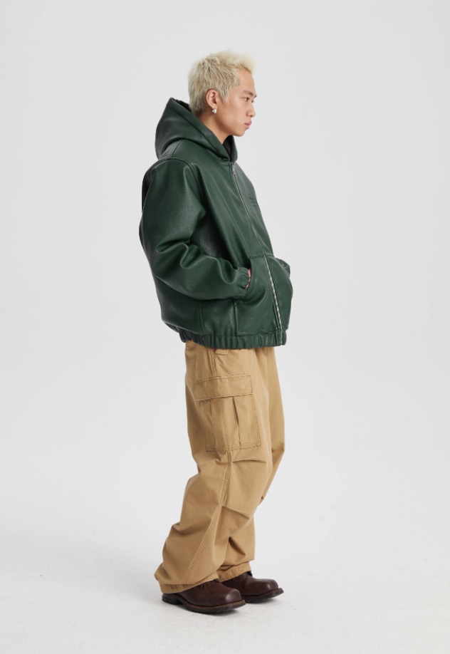 Wassup House Leather Quilted Zipper Hoodie Jacket