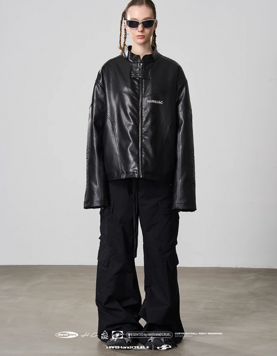 Harsh and Cruel Deconstructed Stitching Embroidered Leather Jacket