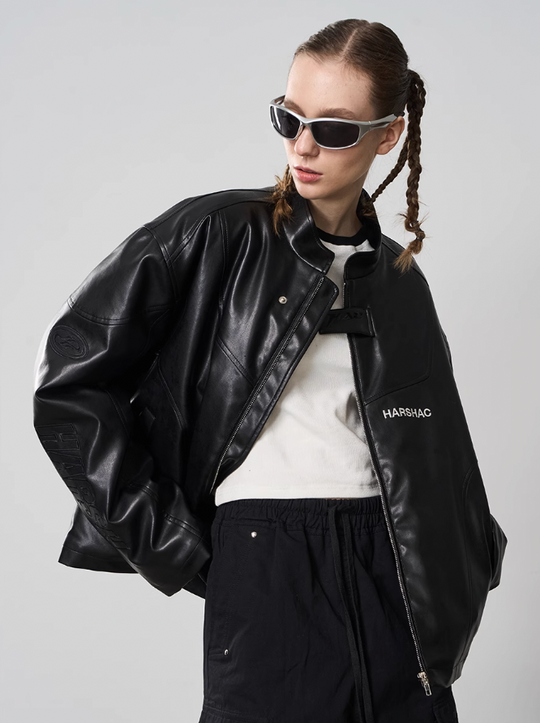 Harsh and Cruel Deconstructed Stitching Embroidered Leather Jacket