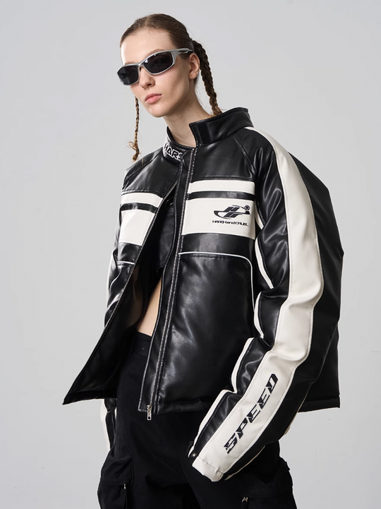 Harsh and Cruel Deconstructed Stitched Racing Leather Down Jacket