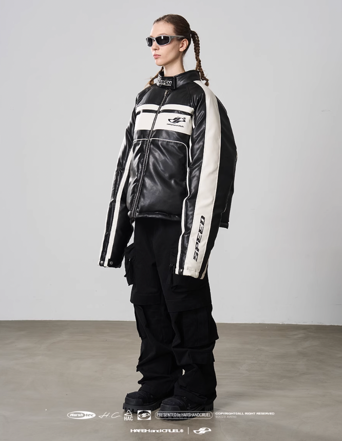 Harsh and Cruel Deconstructed Stitched Racing Leather Down Jacket