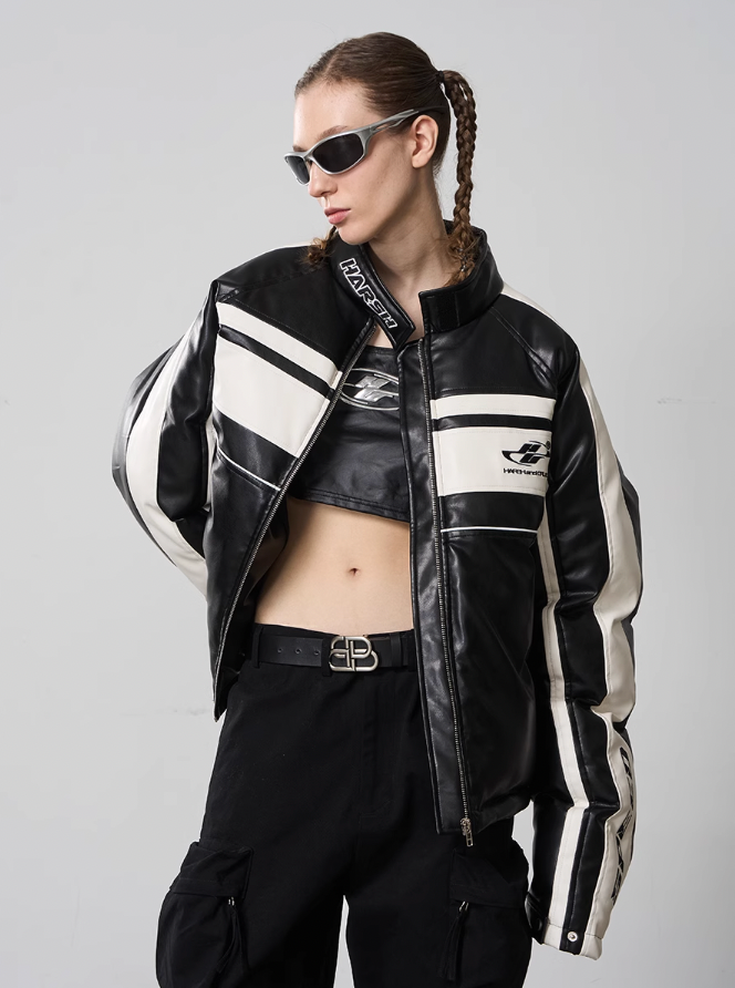 Harsh and Cruel Deconstructed Stitched Racing Leather Down Jacket