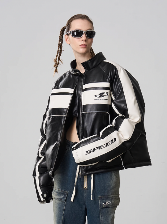 Harsh and Cruel Deconstructed Stitched Racing Leather Down Jacket