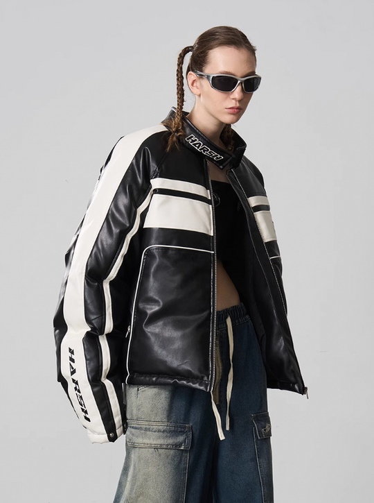 Harsh and Cruel Deconstructed Stitched Racing Leather Down Jacket