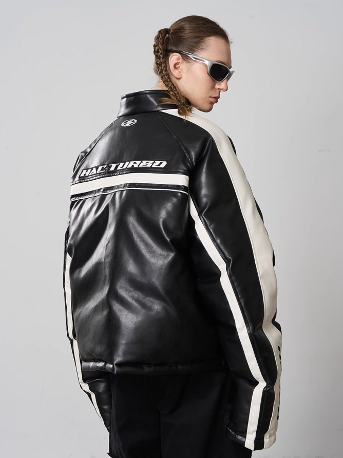 Harsh and Cruel Deconstructed Stitched Racing Leather Down Jacket