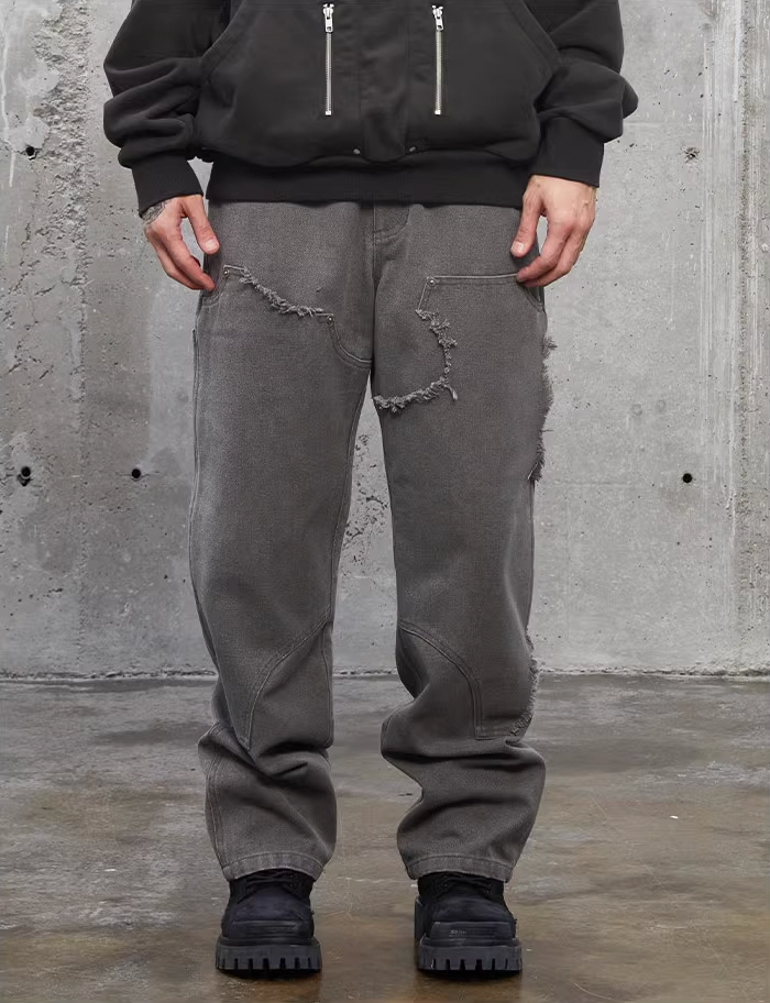 F2CE Washed Destruction Double Knee Work Denim Jeans