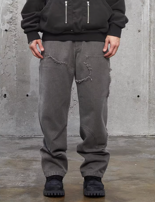 F2CE Washed Destruction Double Knee Work Denim Jeans