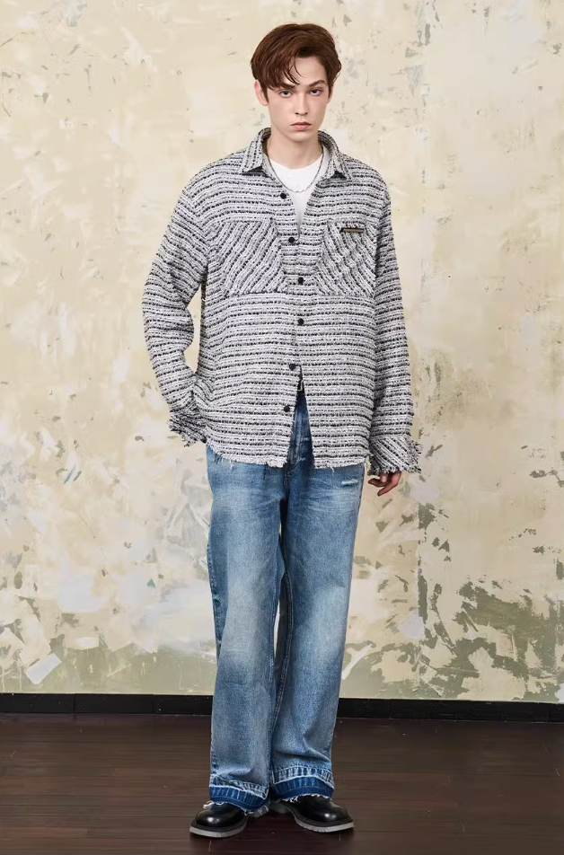 Harsh and Cruel Distressed Tweed Long Sleeve Shirt