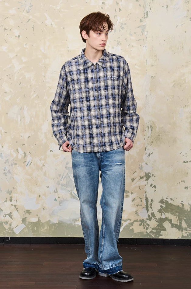 Harsh and Cruel Distressed Checkered Plaid Zipper Shirt