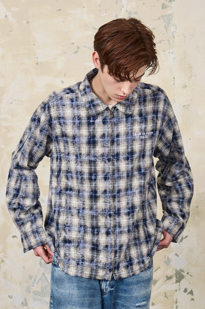 Harsh and Cruel Distressed Checkered Plaid Zipper Shirt