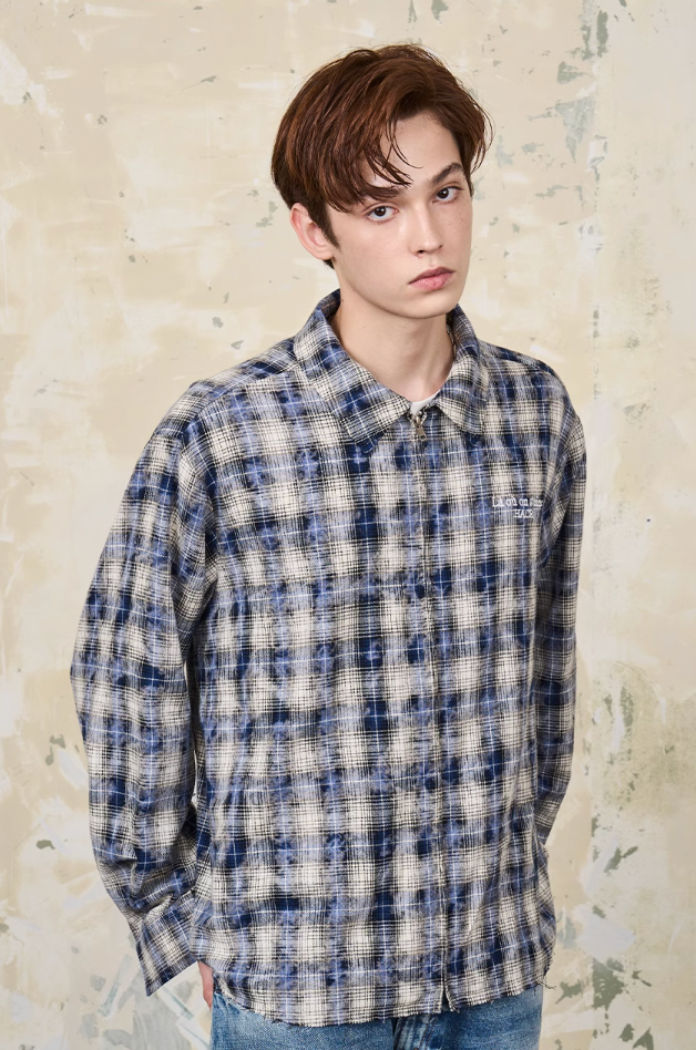 Harsh and Cruel Distressed Checkered Plaid Zipper Shirt