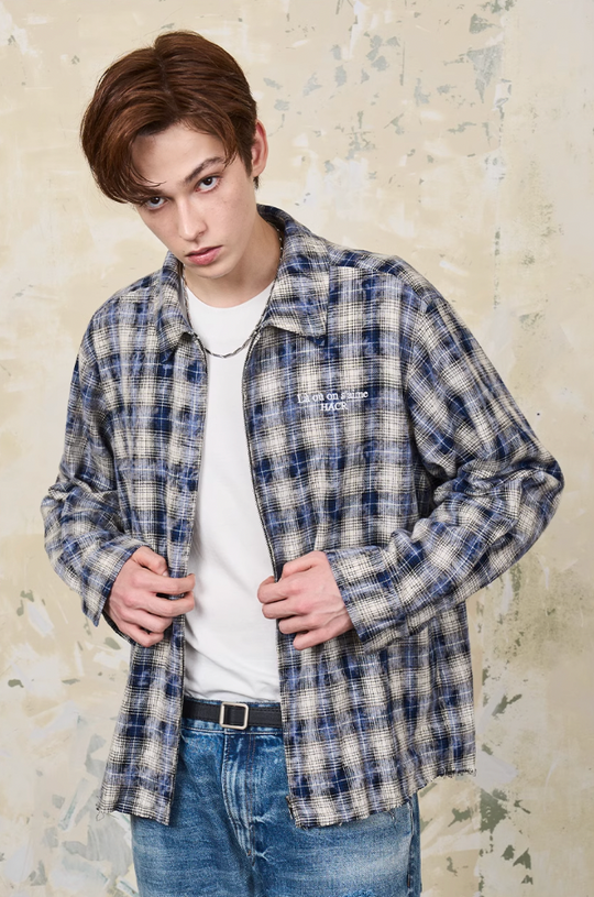 Harsh and Cruel Distressed Checkered Plaid Zipper Shirt