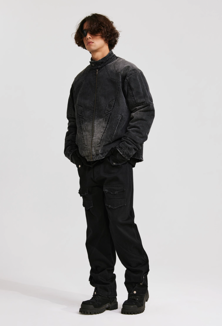 ANTIDOTE Washed Motorcycle Frayed Denim Jacket