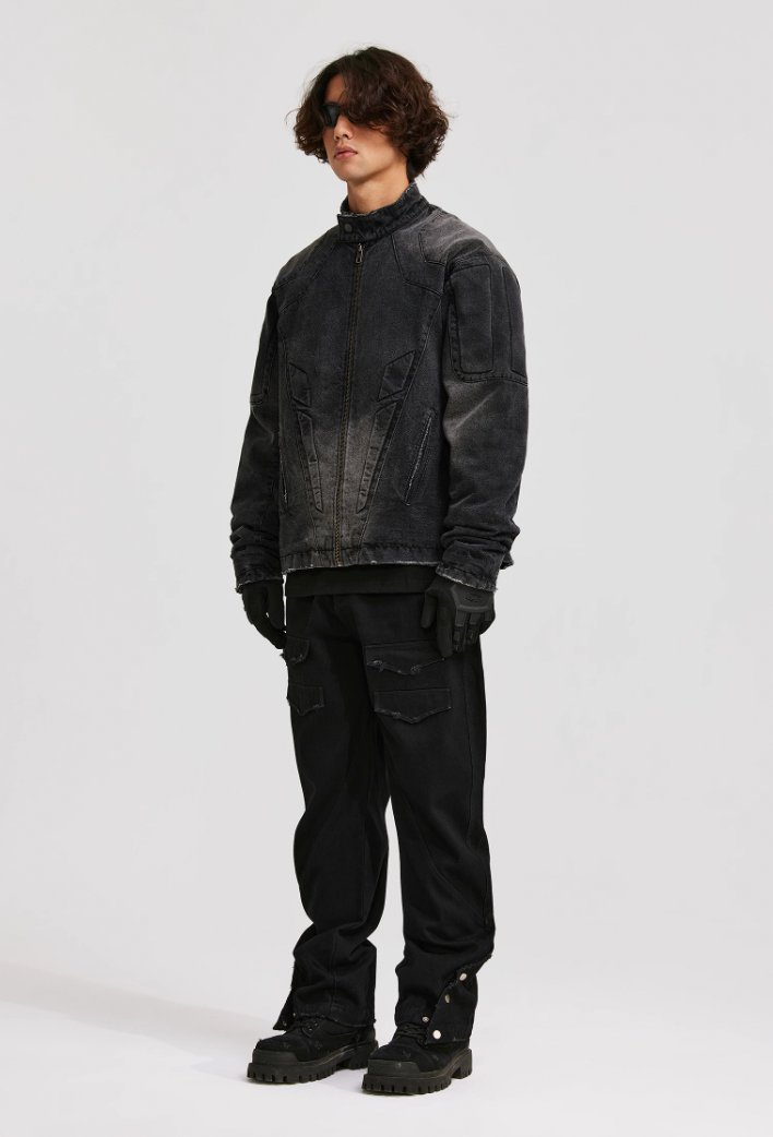 ANTIDOTE Washed Motorcycle Frayed Denim Jacket