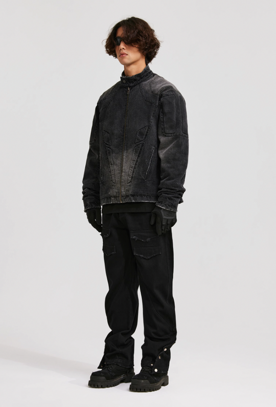 ANTIDOTE Washed Motorcycle Frayed Denim Jacket