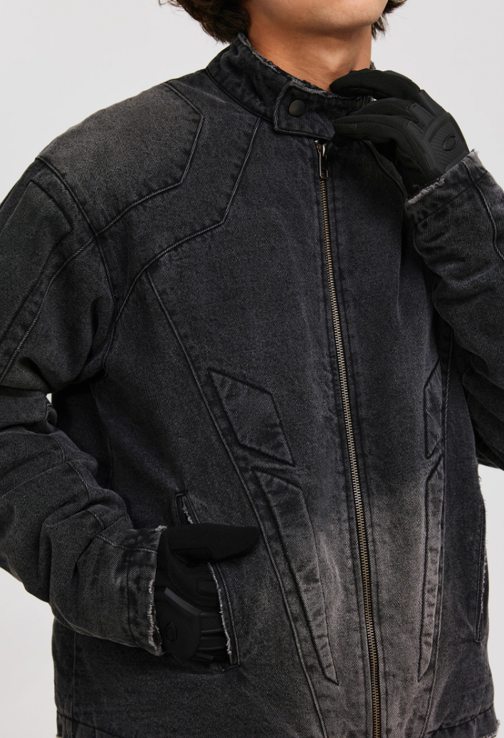 ANTIDOTE Washed Motorcycle Frayed Denim Jacket