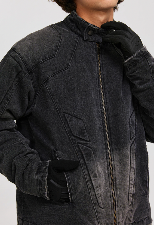 ANTIDOTE Washed Motorcycle Frayed Denim Jacket