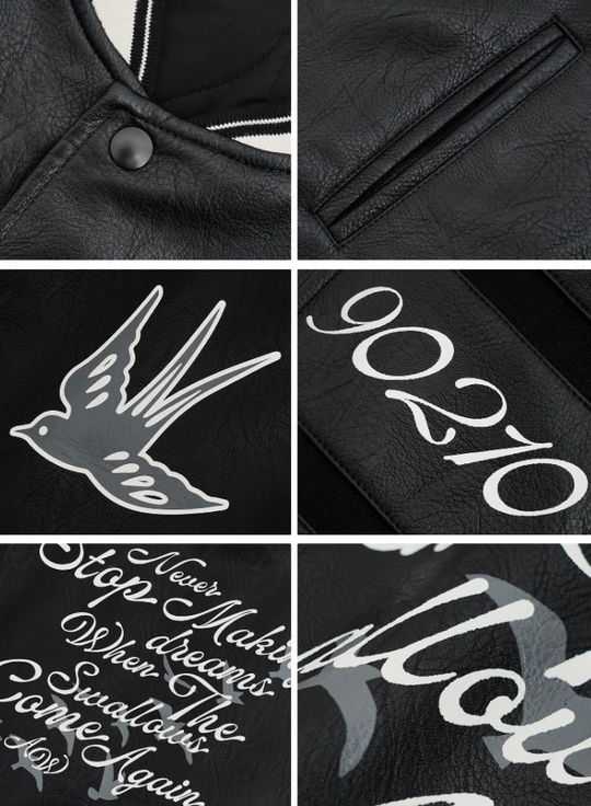 ANTIDOTE Swallow Print Leather & Wool Baseball Jacket