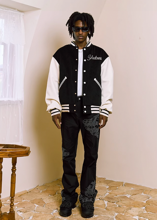 YADcrew Pearl Text Typography Baseball Jacket